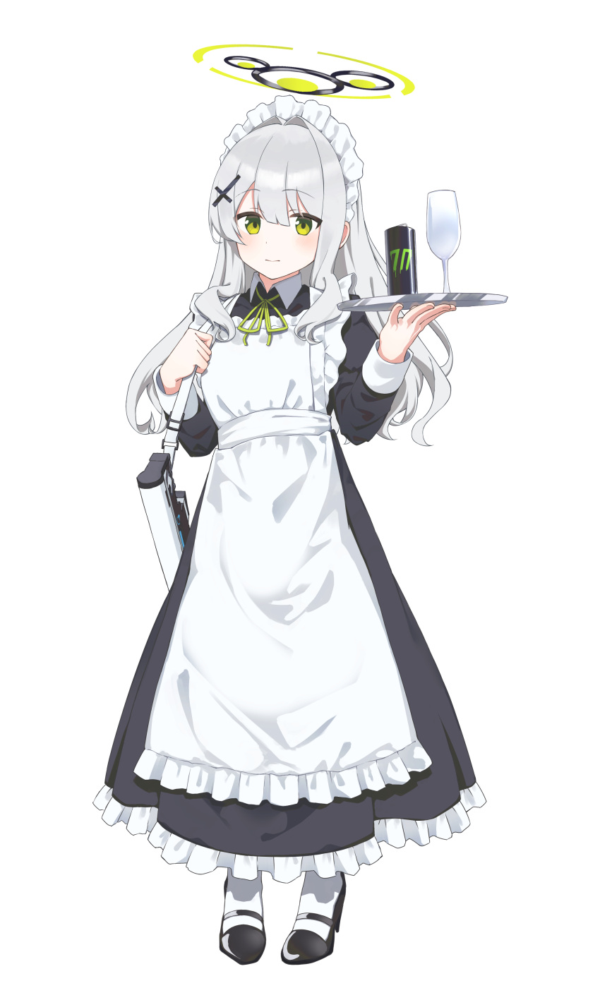 1girl absurdres alternate_costume apron black_dress black_footwear blue_archive blush can closed_mouth cross_hair_ornament cup dress enmaided frilled_apron frilled_dress frills full_body green_eyes grey_hair hair_ornament halo hare_(blue_archive) heimu_(heim_kstr) high_heels highres holding holding_tray long_hair looking_at_viewer maid maid_apron maid_headdress monster_energy ponytail simple_background socks solo tray white_apron white_background white_socks