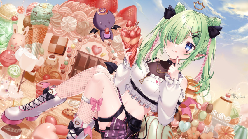 1girl airi_viridis artist_name asymmetrical_legwear bare_shoulders belt black_belt black_ribbon black_shorts blue_eyes blush bow braid breasts cake candy cherry chocolate chocolate_chip_cookie choker clouds commission cookie creature crepe crown demon demon_tail demon_wings dessert double_bun fishnets food frilled_sleeves frills fruit green_hair hair_bun hair_over_one_eye hair_ribbon heart heart_choker heart_tattoo highres holding holding_food ice ice_cream ice_cream_cone ice_cream_float ice_cube jewelry kompeitou_(lemon_garden) lens_flare lollipop macaron marshmallow medium_breasts midriff multicolored_hair navel necklace pancake pancake_stack pink_bow pink_hair plaid plaid_skirt pleated_skirt pointy_ears pudding purple_skirt ribbon shorts sitting skeb_commission skirt sky solo strawberry tail tattoo teapot thigh_strap tongue tongue_out twin_braids twintails v-dere virtual_youtuber white_footwear wings