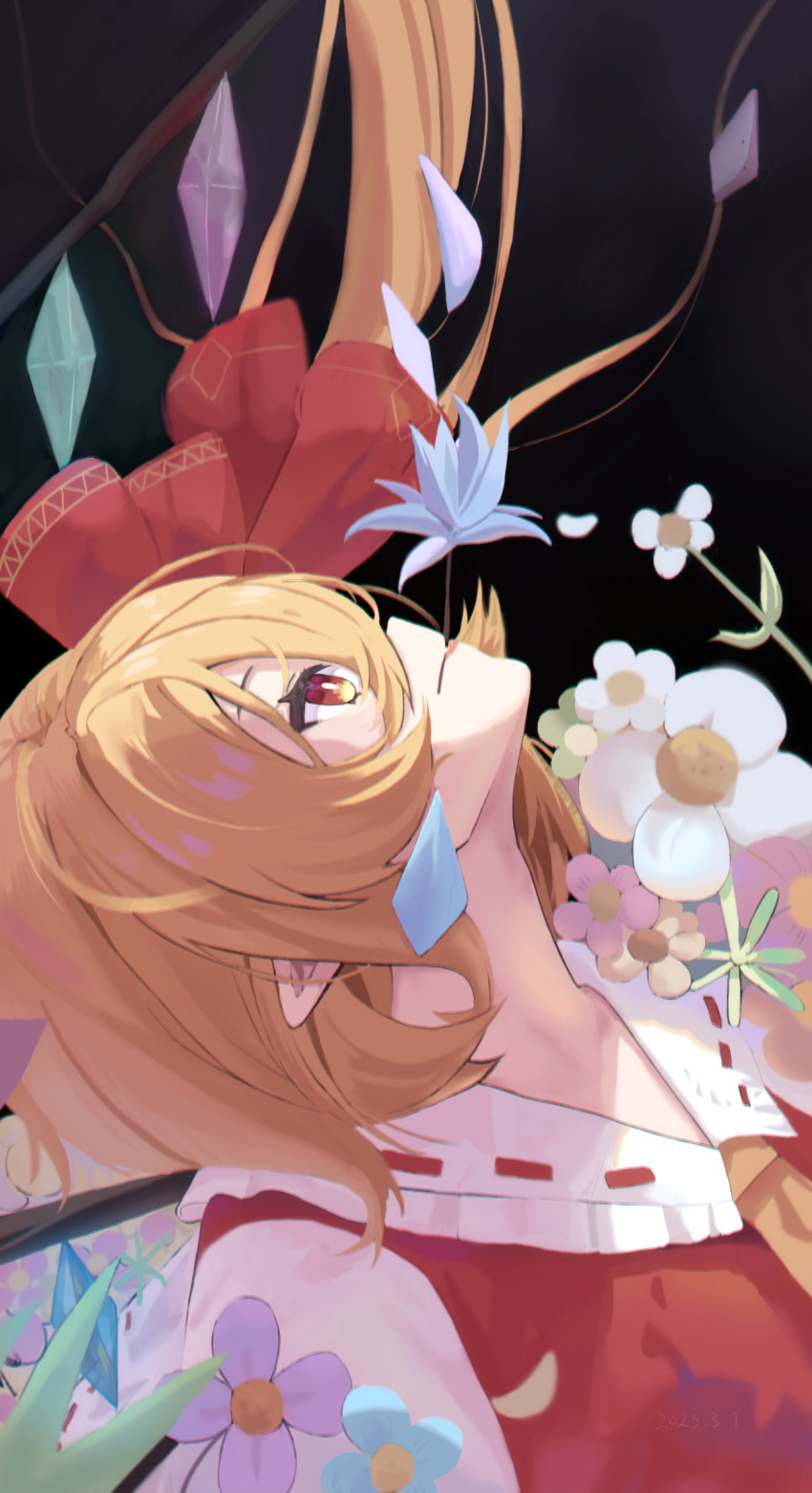 1girl absurdres ascot black_background blonde_hair crystal flandre_scarlet flower flower_on_mouth from_side highres looking_up pointy_ears psh5528 red_eyes red_ribbon ribbon side_ponytail simple_background solo touhou upper_body