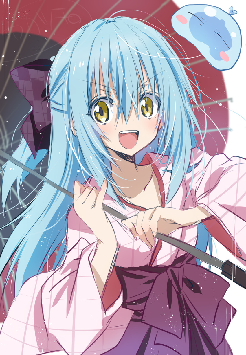 1other :d akatsuki_(ggsy7885) androgynous blue_hair bow collarbone hair_between_eyes hair_bow hakama highres holding holding_umbrella japanese_clothes kimono long_hair long_sleeves looking_at_viewer oil-paper_umbrella open_mouth pink_kimono plaid plaid_bow purple_bow purple_hakama red_umbrella rimuru_tempest sketch slime_(creature) smile tensei_shitara_slime_datta_ken umbrella v-shaped_eyebrows yellow_eyes