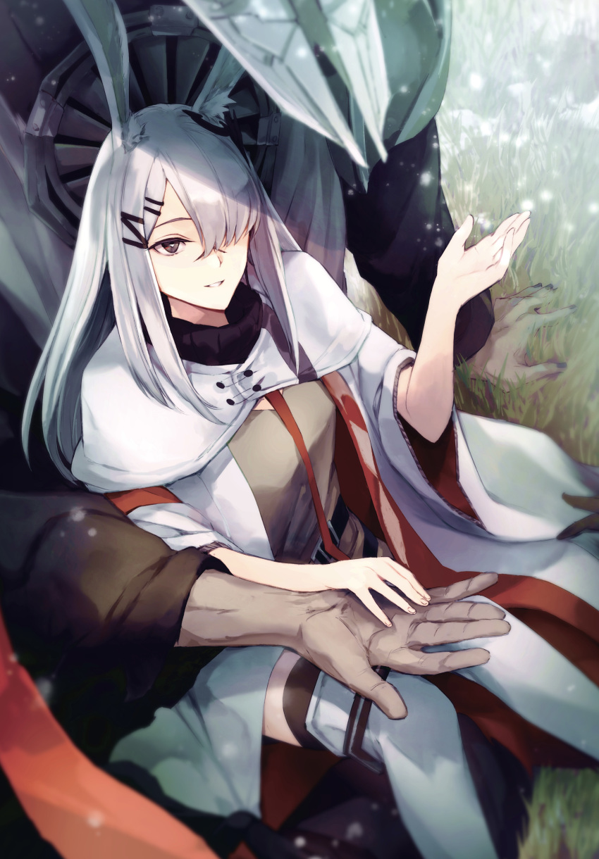 1boy 1girl absurdres animal_ear_fluff animal_ears arknights arm_support bed_sheet black_jacket brown_dress brown_eyes capelet character_request dress e-bushi feet_out_of_frame frostnova_(arknights) grey_hair hair_ornament hair_over_one_eye hairclip hand_up highres jacket long_hair long_sleeves rabbit_ears sitting smile thigh-highs very_long_hair white_capelet white_jacket white_thighhighs wide_sleeves