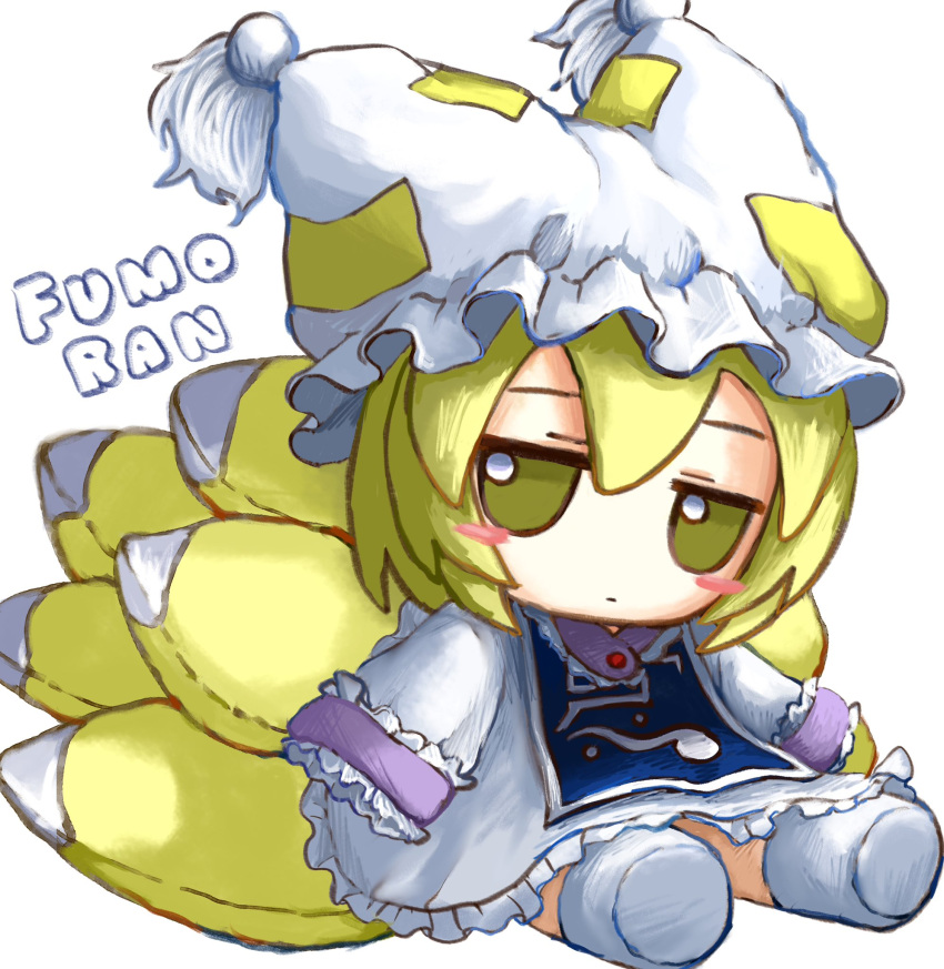1girl animal_ear_headwear blonde_hair blue_tabard blush_stickers character_name chibi closed_mouth commentary dress fox_tail frilled_dress frills full_body fumo_(doll) hat_tassel highres jitome looking_at_viewer multiple_tails simple_background sitting sleeves_past_fingers sleeves_past_wrists socks solo stitches tabard tail touhou white_background white_dress white_headwear white_socks yakumo_ran yakumora_n yellow_eyes