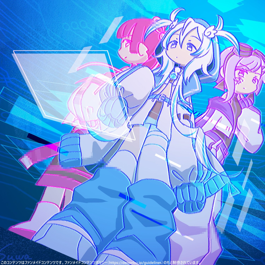 3girls blue_background blue_eyes blue_hair closed_mouth commentary denonbu dutch_angle english_commentary expressionless full_body goggles goggles_on_head hand_up highres holographic_interface hood hood_up jacket kanou_hikari leg_warmers long_hair long_sleeves looking_at_another multicolored_hair multiple_girls neneruneru pink_eyes pink_hair purple_hair short_hair skirt sleeves_past_fingers sleeves_past_wrists standing streaked_hair suwa_(nemuri_munya) violet_eyes white_hair white_jacket white_skirt wing_hair_ornament yanami_rain