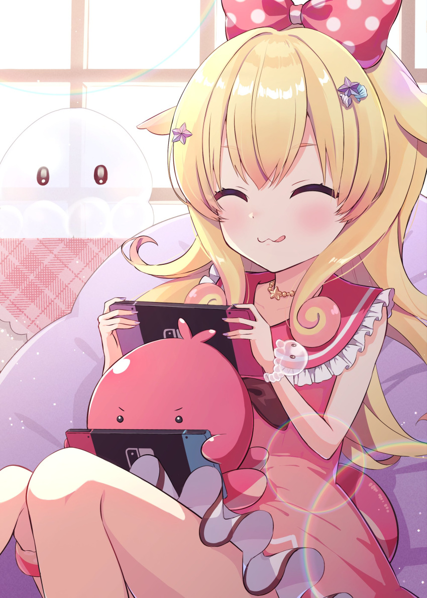 1girl absurdres blonde_hair bow bracelet closed_eyes closed_mouth couch dress fang hair_bow hair_ornament handheld_game_console highres holding holding_handheld_game_console idol_corp jewelry long_hair momo_otako necklace nintendo_switch pink_bow pink_dress polka_dot second-party_source shell_hair_ornament sitting star_(symbol) star_hair_ornament star_necklace tentacle_hair tongue uni_(maru231) virtual_youtuber window
