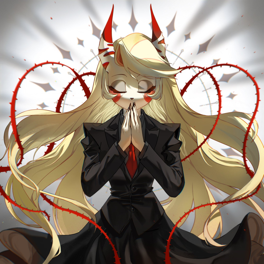 1girl alternate_costume black_jacket blonde_hair charlie_morningstar closed_eyes commentary english_commentary hazbin_hotel highres horns jacket long_hair necktie own_hands_together red_necktie solo xixixixi1037