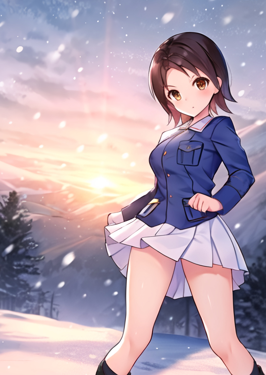 1girl absurdres black_footwear blue_jacket boots brown_eyes brown_hair closed_mouth forest frown girls_und_panzer highres jacket long_sleeves looking_at_viewer military_uniform miniskirt mountain nature ooarai_military_uniform outdoors parted_bangs pleated_skirt sawa_azusa short_hair skirt snow snowing solo standing sunrise tokishiro_(himawarihatake) uniform white_skirt wind wind_lift