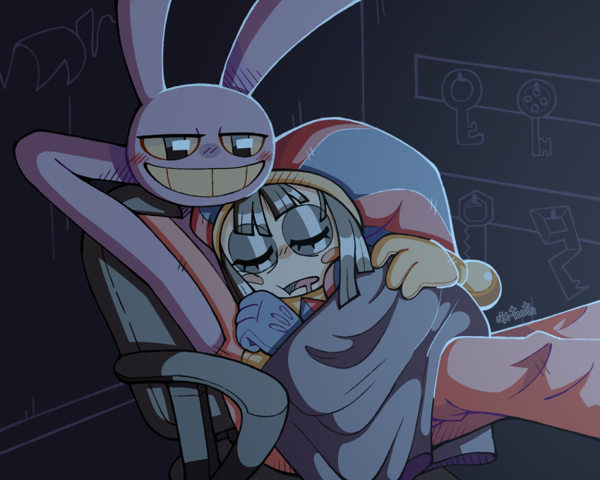 1boy 1girl animal_ears black_eyes blanket clenched_teeth colored_sclera commentary english_commentary gloves hat highres indoors jax_(the_amazing_digital_circus) jester jester_cap on_chair pomni_(the_amazing_digital_circus) rabbit rabbit_ears saliva short_hair sitting sixtooth06 sleeping smile teeth the_amazing_digital_circus yellow_sclera