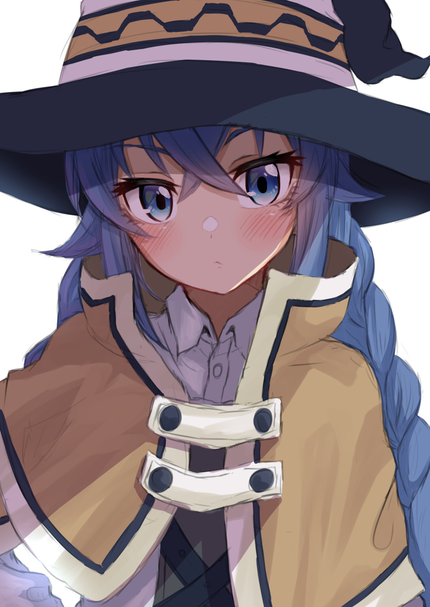 1girl absurdres blue_eyes blue_hair blush braid brown_cloak capelet cloak closed_mouth collar commentary flat_chest grey_shirt hair_between_eyes hat head_tilt highres long_bangs long_hair looking_at_viewer mushoku_tensei roxy_migurdia shirt simple_background solo take-run-atelier twin_braids upper_body white_background white_capelet white_collar witch_hat