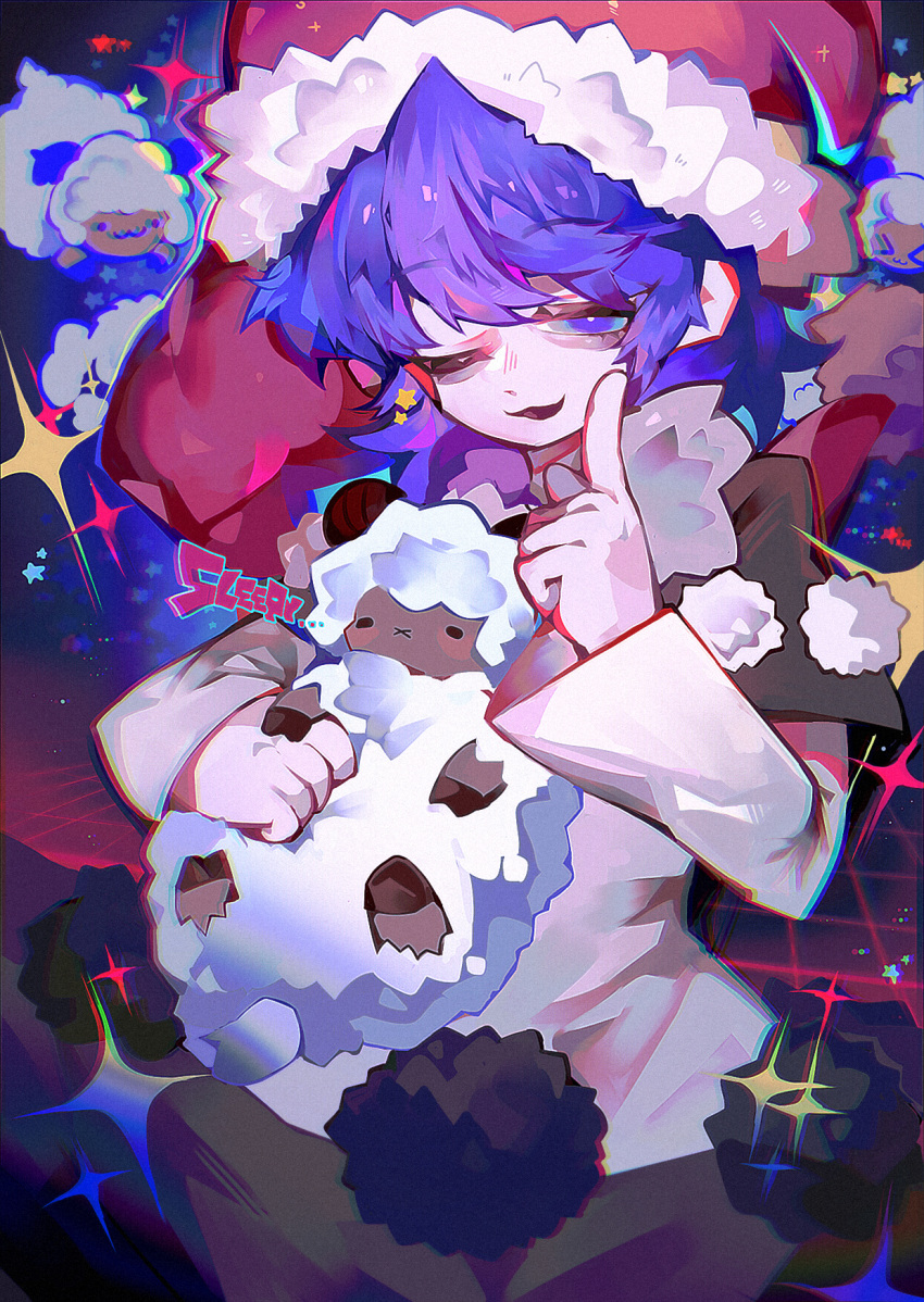 1girl :3 animal bags_under_eyes black_capelet blue_eyes blue_hair capelet chromatic_aberration commentary doremy_sweet dress film_grain fur-trimmed_headwear fur_trim hand_up hat highres holding holding_animal holding_sheep index_finger_raised long_sleeves medium_hair nightcap one_eye_closed open_mouth pom_pom_(clothes) red_headwear routinearson sheep solo sparkle touhou white_dress