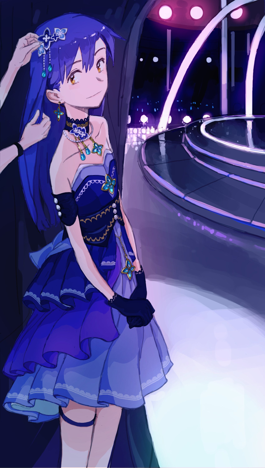 1girl 1other absurdres adjusting_another's_hair armlet blue_choker blue_dress blue_gloves blue_hair brooch brown_eyes choker collarbone commentary curtains dress earrings english_commentary garter_belt gloves hair_ornament highres idol idol_clothes idolmaster jewelry kisaragi_chihaya long_hair looking_at_viewer own_hands_together season_(artist) sleeveless sleeveless_dress stage standing