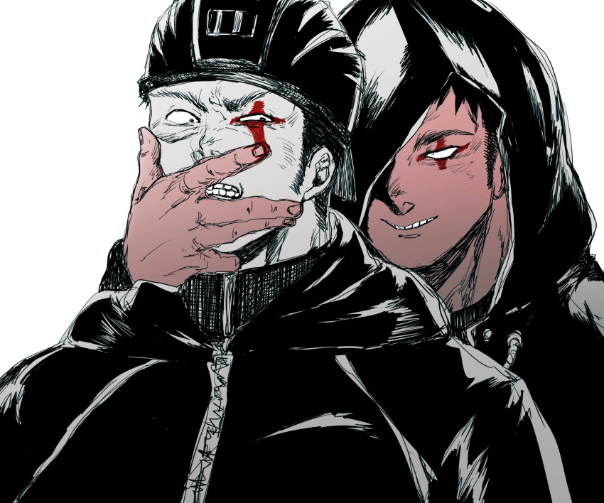2boys aikawa_(dorohedoro) black_hair clenched_teeth covering_another's_mouth dorohedoro evil_smile facial_mark hand_over_another's_mouth hat_over_one_eye highres kai_(dorohedoro) looking_back male_focus medium_sideburns multiple_boys muscular muscular_male norun_sior9 partially_colored risu_(dorohedoro) smile teeth thick_eyebrows upper_body
