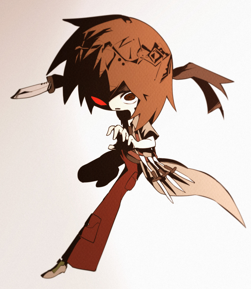 1other @_@ androgynous atoymk brown_eyes brown_headband brown_shorts cargo_pants coat dagger deformed grey_coat headband highres holding holding_dagger holding_knife holding_weapon knife kurohebi len'en medium_hair no_nose open_clothes open_coat open_mouth other_focus pants red_pants short_sleeves shorts simple_background solo weapon white_background