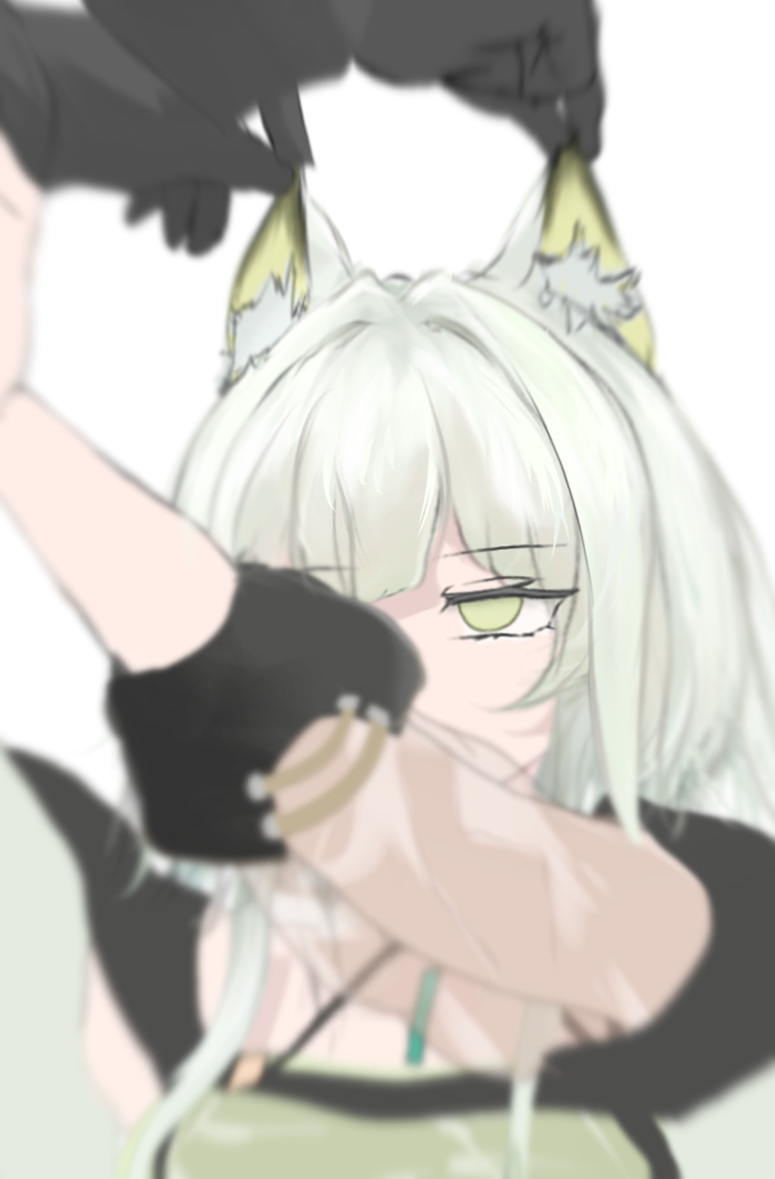 1girl 1other animal_ear_fluff animal_ears arknights black_gloves doctor_(arknights) dress gloves grabbing_another's_ear green_dress green_eyes grey_hair hand_on_another's_ear highres jacket kal'tsit_(arknights) long_sleeves mebe_(teadia_violet) out_of_frame puffy_long_sleeves puffy_sleeves see-through simple_background solo_focus upper_body white_background