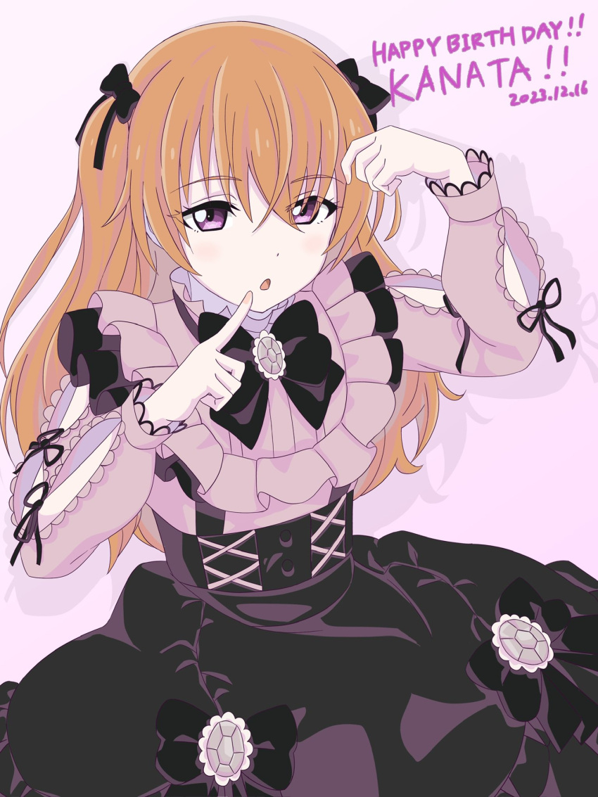1girl arm_cutout black_bow black_bowtie black_skirt bow bowtie character_name clothing_cutout cooking_with_love dated finger_to_mouth frilled_shirt frilled_shirt_collar frilled_sleeves frills hair_between_eyes hair_bow happy_birthday high-waist_skirt highres jirai_kei konoe_kanata long_hair long_sleeves looking_at_viewer love_live! love_live!_nijigasaki_high_school_idol_club multiple_hair_bows myrain56991013 open_mouth orange_hair pink_shirt shirt sidelocks skirt solo two_side_up upper_body violet_eyes white_background