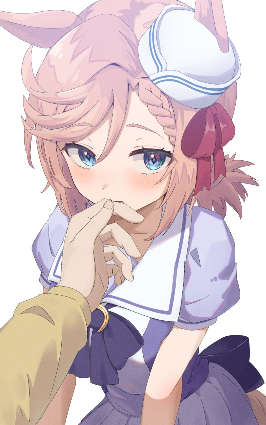1girl animal_ears biting blush chahanramen collarbone finger_biting hair_between_eyes hair_ornament hat highres horse_ears horse_girl horse_tail light_brown_hair looking_at_viewer low_twintails pov pov_hands ribbon school_uniform tail tracen_school_uniform twintails umamusume venus_park_(umamusume) white_background