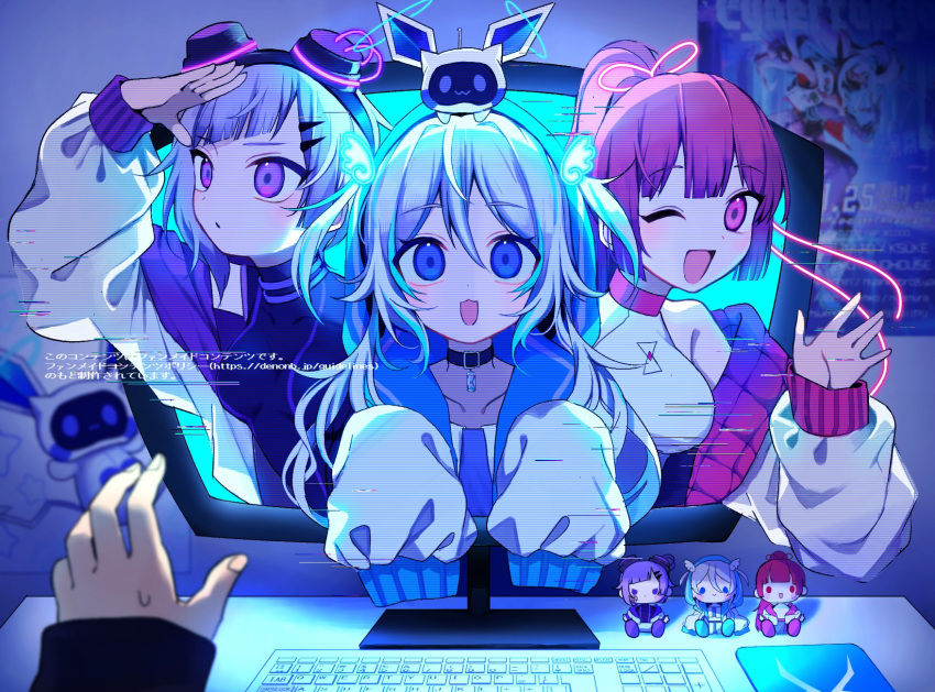 3girls :3 :d ;d black_choker blue_eyes blue_hair breasts character_doll choker closed_mouth commentary_request dark_room denonbu glitch goggles goggles_on_head hair_between_eyes hand_up highres indoors jacket kanou_hikari keyboard_(computer) long_hair long_sleeves looking_at_viewer looking_to_the_side medium_breasts monitor multicolored_hair multiple_girls neneruneru one_eye_closed open_hand open_mouth pink_eyes pink_hair poster_(object) pov pov_hands purple_hair short_hair sleeves_past_fingers sleeves_past_wrists smile streaked_hair sweatdrop through_screen translation_request turtleneck upper_body v7mtdf violet_eyes waving white_hair white_jacket yanami_rain
