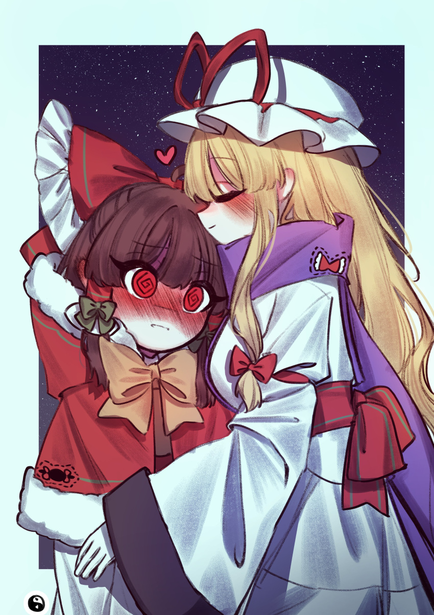 2girls @_@ absurdres adapted_costume alternate_costume blonde_hair blush bow bowtie brown_hair christmas closed_eyes closed_mouth commentary_request frilled_bow frilled_hair_tubes frills gloves hair_bow hair_tubes hakurei_reimu hat hat_ribbon heart highres hug korean_commentary long_hair long_sleeves mob_cap multiple_girls night night_sky nose_blush open_mouth purple_scarf purple_tabard red_bow red_ribbon ribbon scarf sky smile star_(sky) tabard tohou89 touhou yakumo_yukari yellow_bow yellow_bowtie yin_yang yuri
