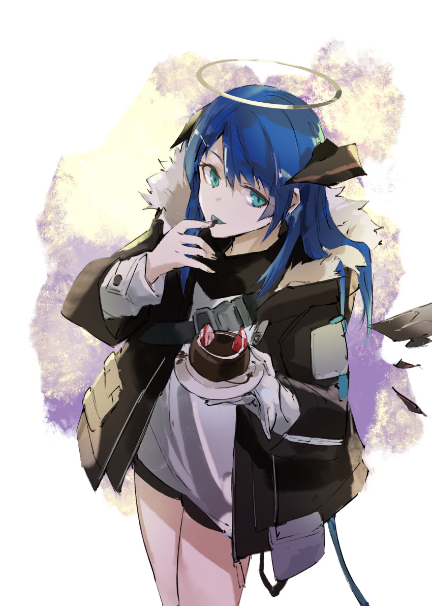 1girl absurdres arknights black_shorts black_wings blue_eyes blue_hair blue_tongue colored_tongue detached_wings e-bushi food fruit fur-trimmed_hood fur_trim gloves hair_between_eyes halo highres holding holding_plate hood hood_down hooded_jacket horns jacket long_hair mostima_(arknights) plate shirt shorts solo standing strawberry tongue tongue_out white_gloves white_shirt wings