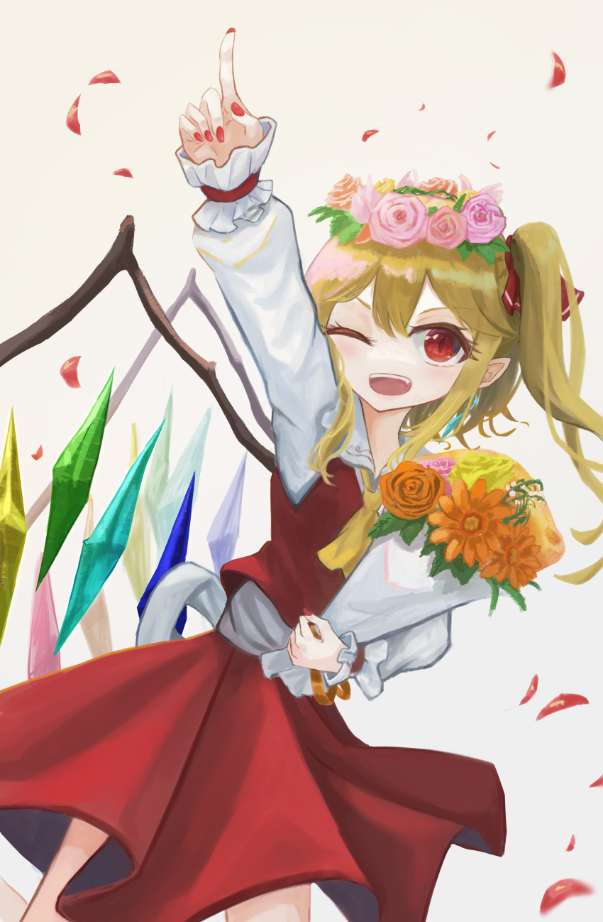 1girl absurdres ascot blonde_hair cowboy_shot crystal dress flandre_scarlet frills gengetuhime hat head_wreath highres one_eye_closed open_mouth petals pointy_ears red_dress red_eyes red_nails ribbon side_ponytail simple_background solo touhou wings
