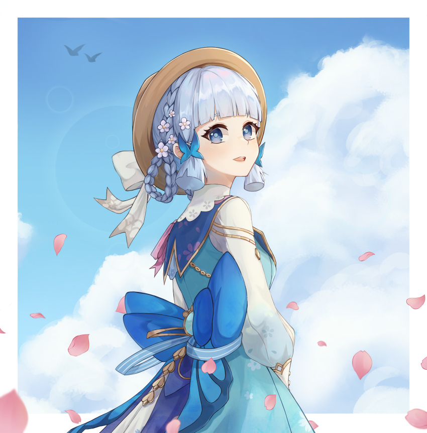 1girl absurdres back_bow blue_bow blue_eyes blue_hair blue_sky blunt_bangs border bow braid butterfly_hair_ornament cherry_blossoms clouds collar flower from_behind genshin_impact hair_flower hair_ornament hair_up hat hat_ribbon highres kamisato_ayaka kamisato_ayaka_(springbloom_missive) light_blue_hair long_sleeves looking_at_viewer official_alternate_costume official_alternate_hairstyle open_mouth pink_ribbon ribbon sky smile solo togaririi upper_body white_border white_collar white_flower white_ribbon