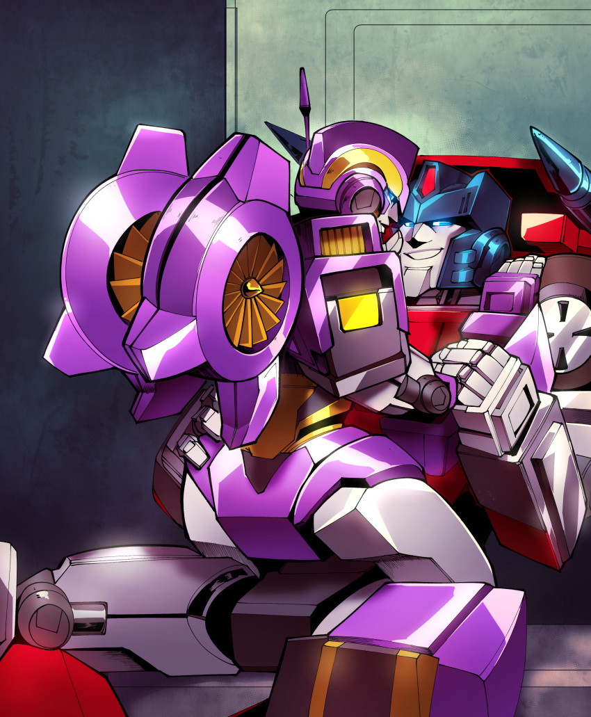 2girls blue_eyes colored_skin erika_skerzz grey_skin hand_on_another's_hip helmet highres humanoid_robot mechanical_wings multiple_girls nautica_(transformers) panties purple_panties road_rage_(transformers) robot robot_girl science_fiction sitting sitting_on_person the_transformers_(idw) thick_thighs thighs transformers underwear wings yuri