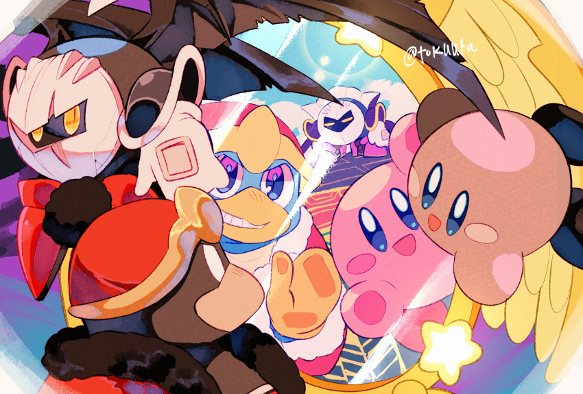 :d armor armored_boots artist_name black_wings blue_eyes blue_sky blush blush_stickers boots cape clouds commentary_request cracked_mask dark_meta_knight day different_reflection dimension_mirror fur-trimmed_jacket fur-trimmed_sleeves fur_trim gloves grin hat highres jacket king_dedede kirby kirby_(series) long_sleeves looking_at_another looking_to_the_side mask meta_knight mirror open_clothes open_jacket open_mouth pauldrons pom_pom_(clothes) purple_footwear red_footwear red_headwear red_jacket reflection shadow_dedede shadow_kirby shoulder_armor sky smile spiked_wings spikes standing star_(symbol) teeth tokuura torn_wings twitter_username v-shaped_eyebrows white_eyes white_gloves wings yellow_eyes
