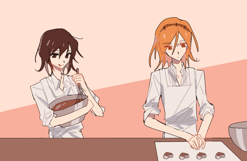 2others alternate_eye_color alternate_hair_color androgynous apron baking brown_hair brown_hairband closed_mouth collared_shirt cookie_cutter fuluola_xiaoyao hairband heart highres holding holding_whisk len'en multiple_others orange_hair other_focus senri_tsurubami shirt short_hair sketch sleeves_rolled_up tongue tongue_out whisk white_apron white_shirt zuifeng_tenkai