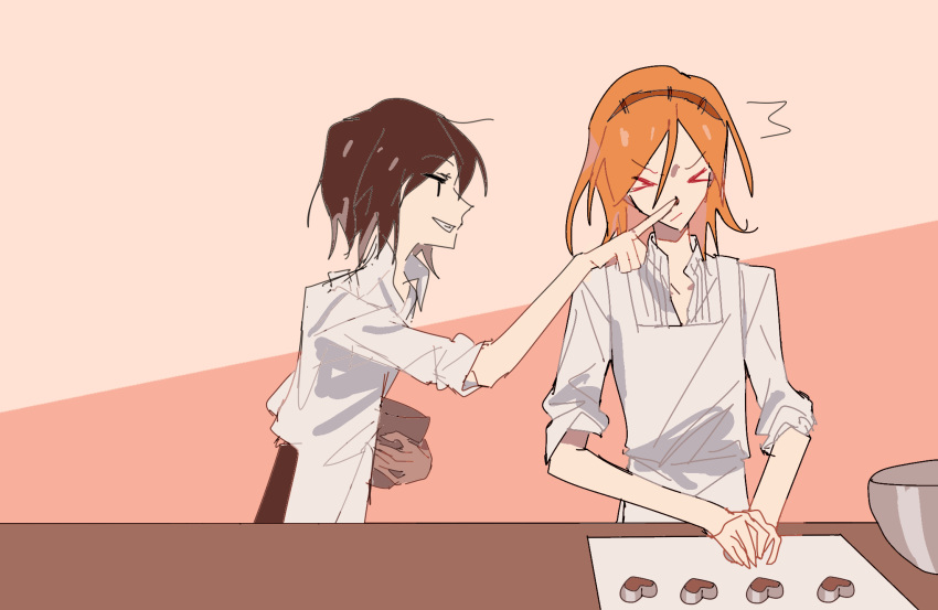 &gt;_&lt; 2others ^^^ alternate_hair_color androgynous apron brown_hair brown_hairband collared_shirt cookie_cutter fuluola_xiaoyao grin hairband heart highres len'en multiple_others orange_hair other_focus senri_tsurubami shirt short_hair sketch sleeves_rolled_up smile white_apron white_shirt zuifeng_tenkai