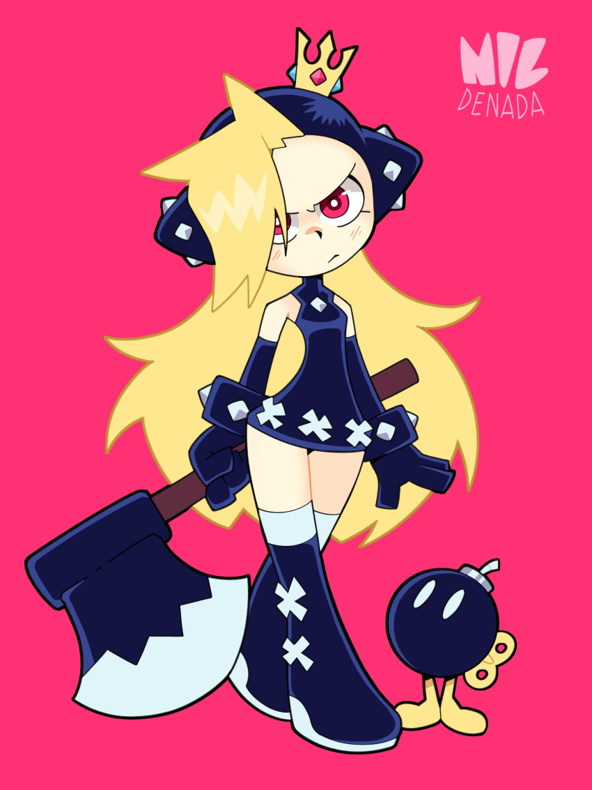 1girl artist_name axe black_footwear blonde_hair bob-omb boots crown dress frown full_body highres holding holding_axe looking_at_viewer mario_power_tennis mario_tennis nildenada red_background red_eyes sleeveless sleeveless_dress solid_oval_eyes standing super_mario_bros. warupeach winding_key