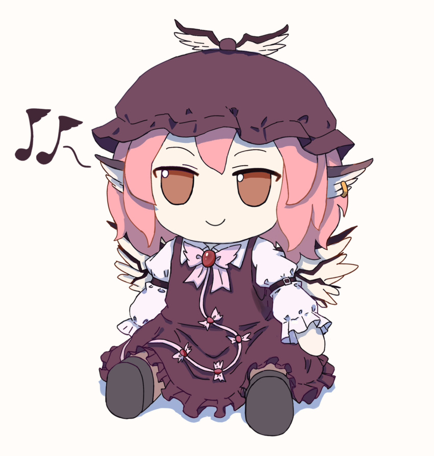 1girl animal_ears bird_ears bird_wings bow bowtie brown_dress brown_eyes brown_footwear brown_headwear character_doll closed_mouth collared_shirt commentary_request diggerslk dress earrings feathered_wings frilled_dress frilled_sleeves frills fumo_(doll) highres jewelry long_sleeves mystia_lorelei pinafore_dress pink_bow pink_bowtie pink_hair shirt short_hair simple_background single_earring sitting sleeve_garter sleeveless sleeveless_dress smile solo touhou white_background white_shirt white_wings winged_hat wings