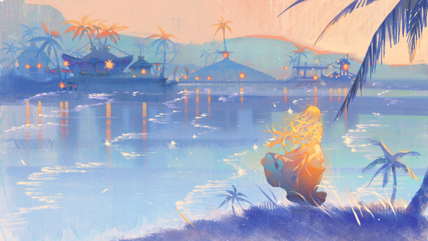1girl absurdres blonde_hair blue_theme building dress floating_clothes floating_hair from_behind grass hengwen highres limited_palette long_hair mountainous_horizon orange_dress orange_sky outdoors palm_tree pointy_ears princess_zelda reflection river scenery sky solo standing the_legend_of_zelda the_legend_of_zelda:_breath_of_the_wild tree two-sided_dress two-sided_fabric very_long_hair water waves wide_shot wind