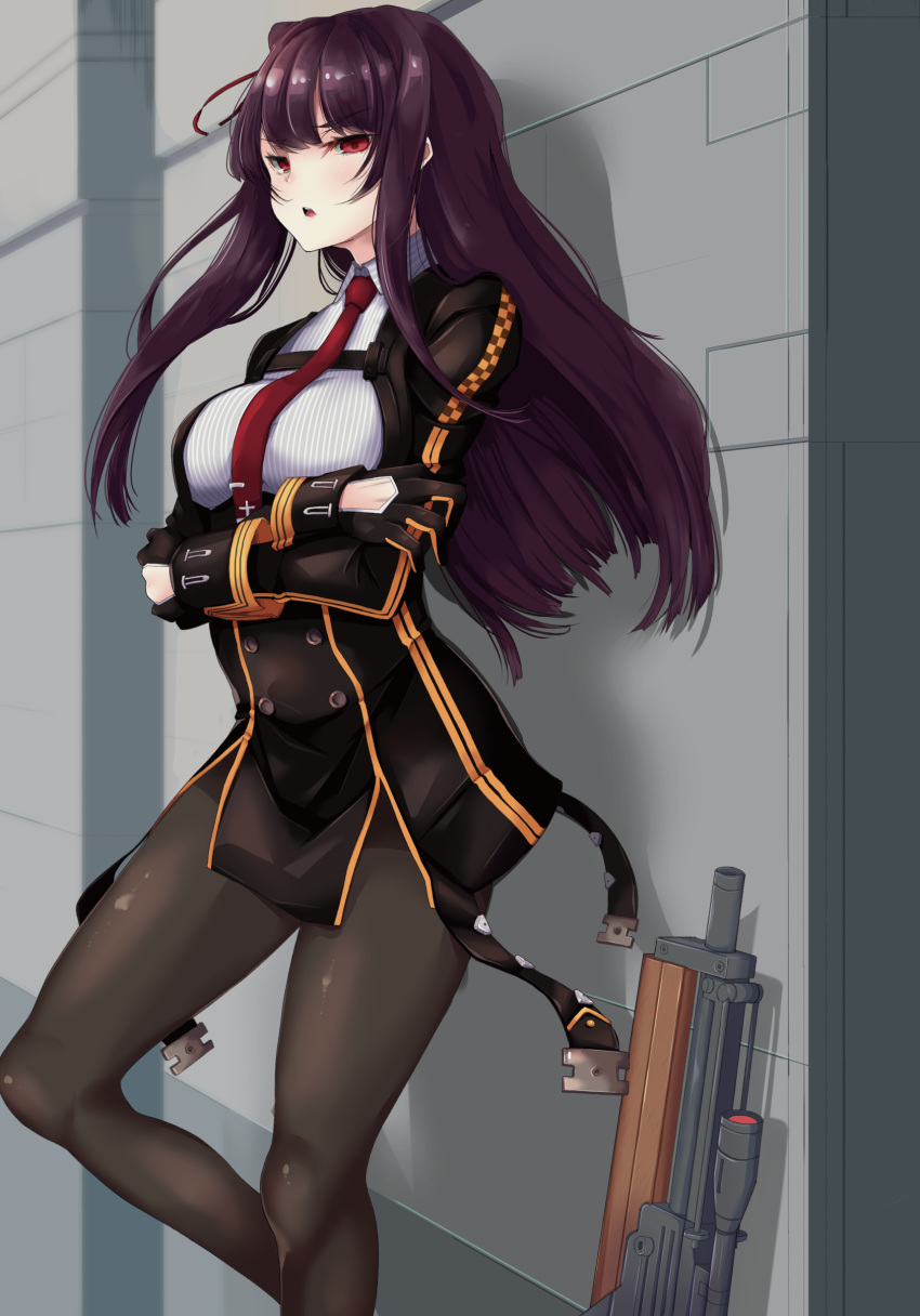 absurdres black_thighhighs bullpup framed_breasts girls_frontline gun hair_ribbon half_updo highres looking_at_viewer necktie one_side_up purple_hair red_eyes red_necktie ribbon rifle simple_background sniper_rifle thigh-highs wa2000_(girls'_frontline) walther walther_wa_2000 weapon yukusasu