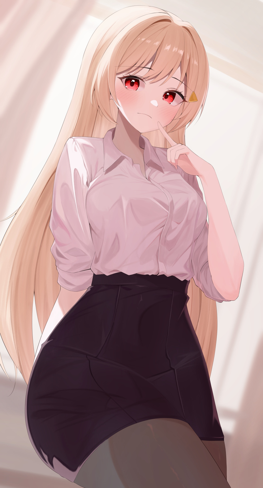 1girl absurdres arm_behind_back black_skirt blonde_hair blush closed_mouth collared_shirt commentary_request finger_to_mouth hair_ornament highres index_finger_raised indoors jingburger long_hair looking_at_viewer nvem8738 pantyhose red_eyes shirt shirt_tucked_in skirt sleeves_rolled_up solo very_long_hair virtual_youtuber waktaverse white_shirt