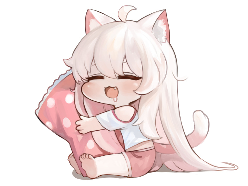 1girl :3 :d ahoge animal_ear_fluff animal_ears bare_shoulders barefoot cat_ears cat_girl cat_tail chibi closed_eyes clothing_cutout dokomon drooling fang full_body hair_between_eyes highres hugging_object komi_(trickcal) long_hair pillow pillow_hug pink_shorts saliva shadow shirt short_sleeves shorts shoulder_cutout simple_background sitting smile soles solo tail toes trickcal very_long_hair white_background white_hair white_shirt