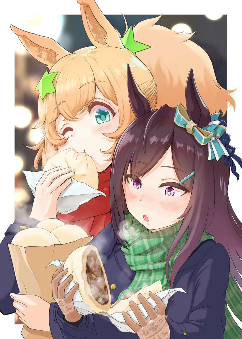 2girls absurdres animal_ears baozi blue_bow blue_coat blue_eyes blurry blurry_background border bow brown_gloves coat ear_bow ear_ornament eating food gloves green_scarf hair_ornament hairclip highres holding holding_food horse_ears horse_girl inuyama_tarou light_brown_hair long_hair looking_at_another mejiro_dober_(umamusume) multiple_girls night one_eye_closed open_mouth ponytail red_scarf scarf star_(symbol) star_hair_ornament striped_clothes striped_scarf taiki_shuttle_(umamusume) umamusume upper_body violet_eyes white_border