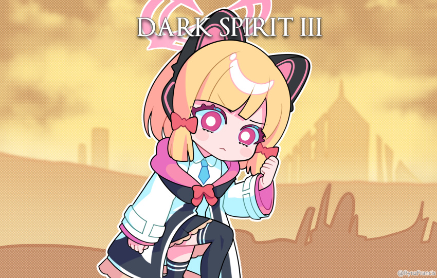 1girl :&lt; animal_ear_headphones animal_ears black_skirt black_thighhighs blonde_hair blue_archive blue_necktie blunt_bangs blurry bow brand_name_imitation cat_ear_headphones cat_tail chibi clenched_hand coat collared_shirt commentary dark_souls_(series) dark_souls_iii depth_of_field english_commentary fake_animal_ears fake_tail hair_bow hair_ribbon halo headphones highres kneeling long_sleeves looking_at_viewer momoi_(blue_archive) necktie open_clothes open_coat outdoors parody parted_bangs pleated_skirt pose_imitation red_eyes ribbon rynzfrancis school_uniform shirt short_hair sidelocks skirt solo tail thigh-highs tress_ribbon v-shaped_eyebrows white_coat white_shirt zettai_ryouiki
