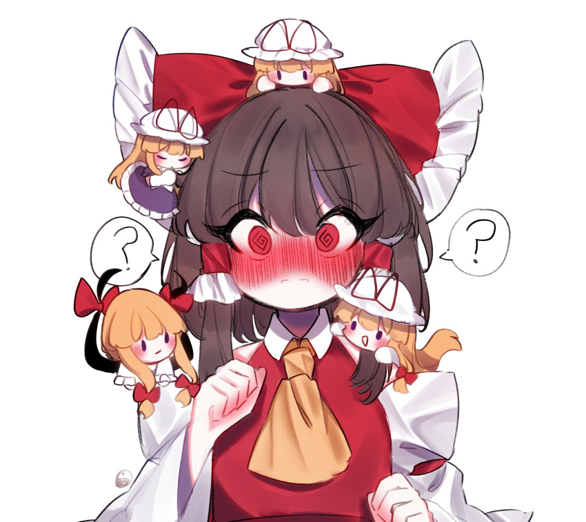 @_@ absurdres ascot blonde_hair blush bow brown_hair closed_eyes closed_mouth commentary_request detached_sleeves dress frilled_bow frilled_hair_tubes frills gap_(touhou) hair_bow hair_tubes hakurei_reimu hat hat_ribbon highres korean_commentary long_hair mini_person minigirl mob_cap multiple_girls nose_blush on_head open_mouth person_on_head person_on_shoulder purple_dress red_bow red_eyes red_ribbon ribbon simple_background smelling_hair smile tohou89 touhou white_background yakumo_yukari yellow_ascot |_|