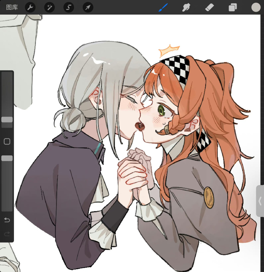 2girls art_program_in_frame beiguo45 black_coat blush braid checkered_hairband chinese_commentary closed_eyes coat commentary_request dress french_kiss from_side green_eyes grey_dress grey_hair hair_bun highres holding_hands interlocked_fingers kiss long_sleeves multiple_girls orange_hair procreate_(software) reverse:1999 side_braid simple_background single_side_bun sonetto_(reverse:1999) sweatdrop tongue tongue_out two_side_up vertin_(reverse:1999) white_background yuri