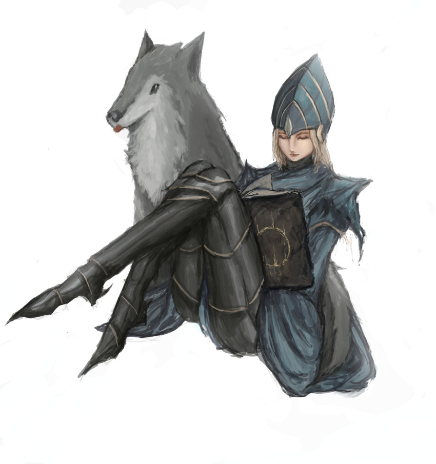 1girl absurdres black_eyes blonde_hair book closed_eyes closed_mouth commentary dark_souls_(series) dark_souls_i darksign_(dark_souls) grey_fur highres lord's_blade_ciaran open_book satsu-strive simple_background sitting white_background wolf