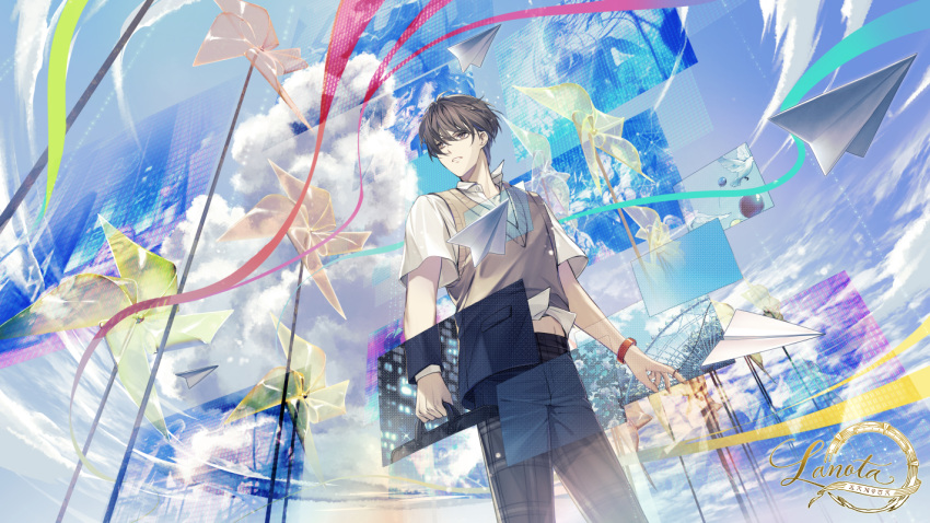 1boy animal balloon bird black_jacket black_pants blue_sky briefcase brown_eyes brown_hair building character_request clip_studio_paint_(medium) clouds cloudy_sky collared_shirt commentary_request copyright_name day dress_shirt ferris_wheel fingernails hair_between_eyes jacket jh lanota male_focus navel official_art pants paper_airplane parted_lips pinwheel shirt short_sleeves sky solo standing suit sweater_vest white_shirt