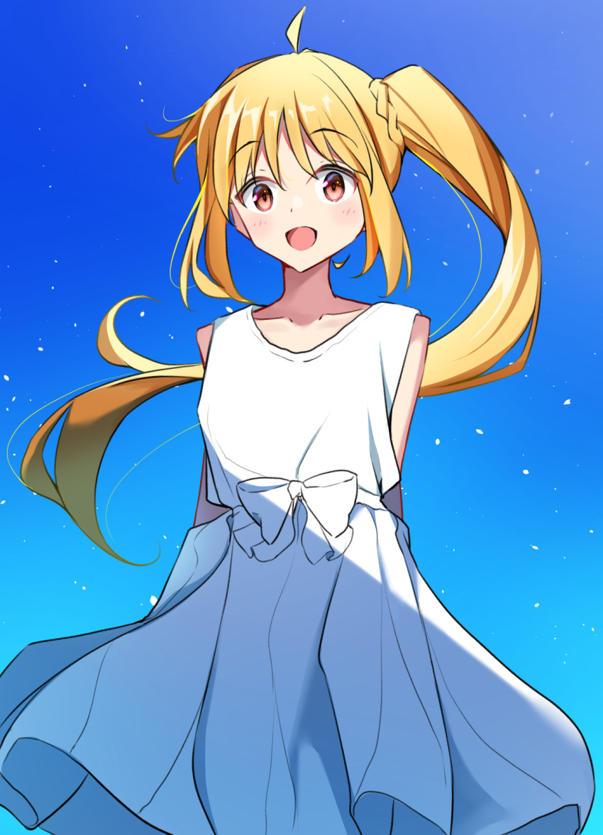 1girl ahoge blonde_hair blue_background bocchi_the_rock! brown_eyes commentary_request cowboy_shot dress floating_hair gradient_background highres ijichi_nijika keito4f light_particles long_hair looking_at_viewer open_mouth side_ponytail sidelocks simple_background sleeveless sleeveless_dress smile solo standing very_long_hair white_dress