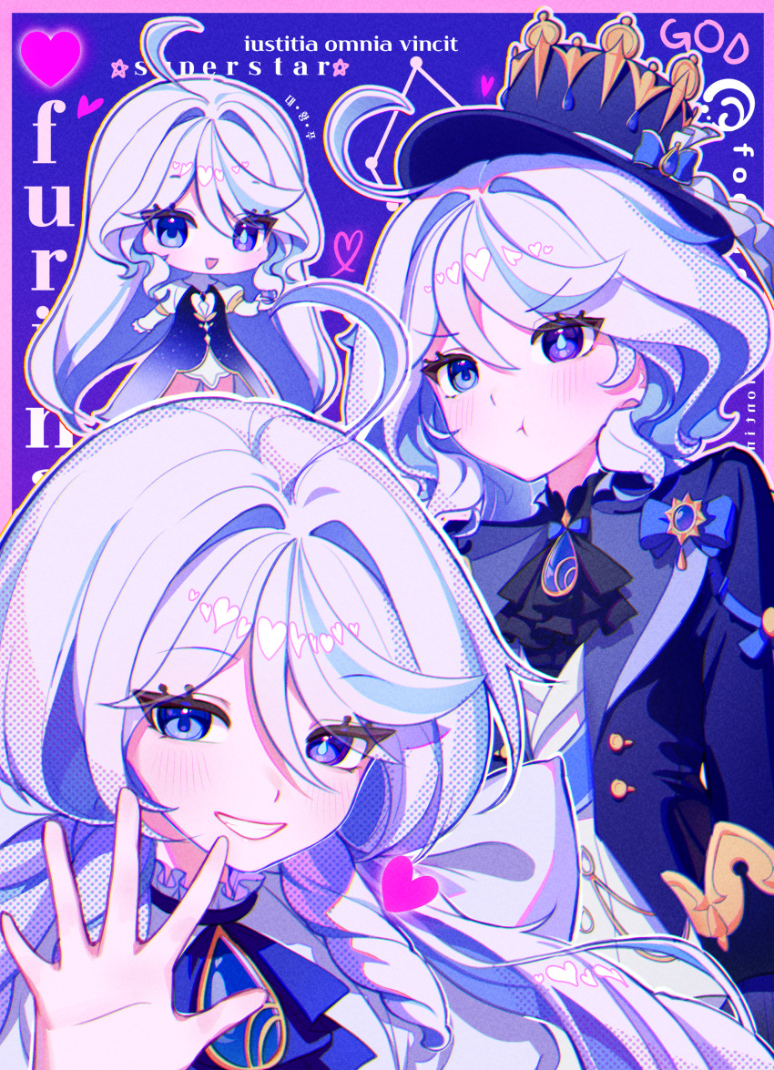 2girls :d :t absurdres ahoge blue_eyes blue_headwear blue_jacket border brooch chabi009 commentary dress focalors_(genshin_impact) furina_(genshin_impact) genshin_impact grin hair_intakes hat heart highres jacket jewelry juliet_sleeves long_hair long_sleeves looking_at_viewer multiple_girls multiple_views open_mouth outside_border pink_border puffy_sleeves shirt smile top_hat very_long_hair white_hair white_shirt