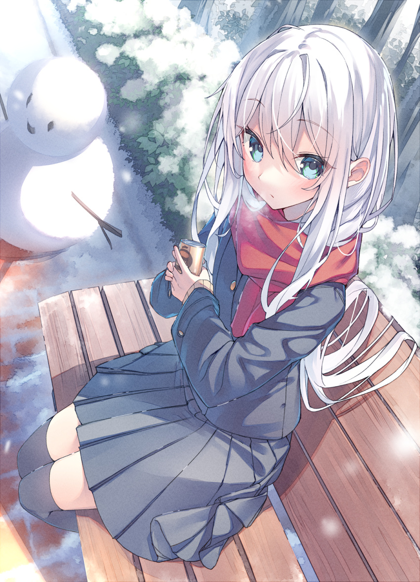 black_jacket black_skirt black_thighhighs blue_eyes blush breath buttons can canned_coffee commentary_request drink_can highres holding holding_can jacket light_particles long_hair looking_at_viewer original outdoors pleated_skirt red_scarf scarf school_uniform shiro_youduki skirt snow snowman steam straight_hair thigh-highs tree very_long_hair white_hair zettai_ryouiki