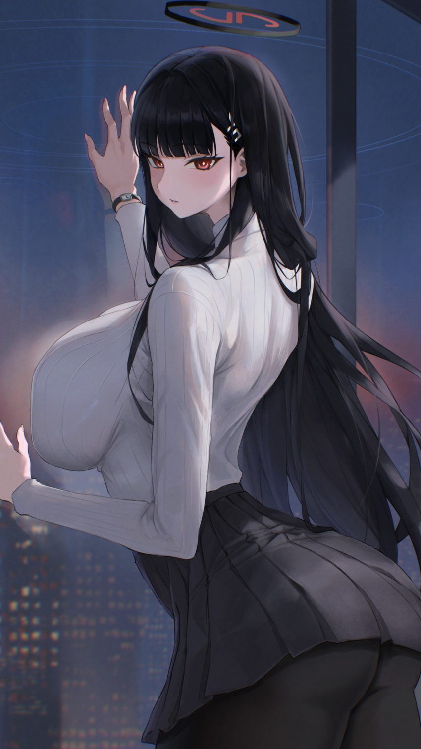 1girl against_glass black_pantyhose black_skirt blue_archive breasts highres large_breasts long_hair looking_at_viewer looking_back pantyhose red_eyes rio_(blue_archive) sheng_zhidou skirt