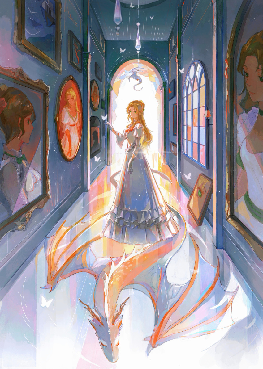 1girl absurdres audrey_hall blonde_hair bug butterfly ceiling chinese_commentary commentary_request day dragon dragon_wings dress gloves green_eyes hair_bun hallway highres horns indoors long_hair looking_at_animal looking_to_the_side lord_of_the_mysteries orange_ribbon painting_(object) portrait_(object) ribbon scales shiqingsan stained_glass white_butterfly white_dress white_gloves window wings