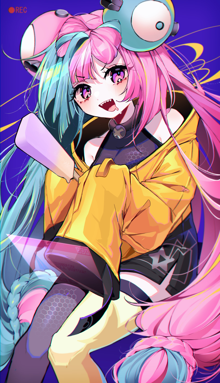 1girl :d absurdres blue_background blush bow-shaped_hair character_hair_ornament commentary_request drooling food green_hair grey_shirt hair_ornament happy highres holding iono_(pokemon) jacket looking_at_viewer modohwa mouth_drool open_mouth pink_hair pokemon pokemon_sv popsicle recording shirt single_leg_pantyhose sleeveless sleeveless_shirt sleeves_past_fingers sleeves_past_wrists smile solo teeth thigh_strap upper_teeth_only violet_eyes yellow_jacket
