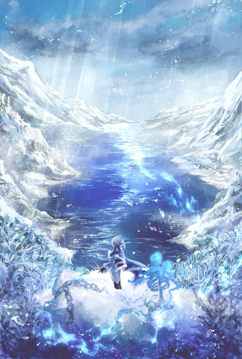 1girl absurdres akershus_fortress_(oshiro_project) black_gloves blue_cape blue_cloak bodysuit bone canop_s cape chain cloak clouds facing_away fantasy gloves grey_hair highres lake monster mountain nature oshiro_project:re outdoors scenery skeleton snow standing white_bodysuit