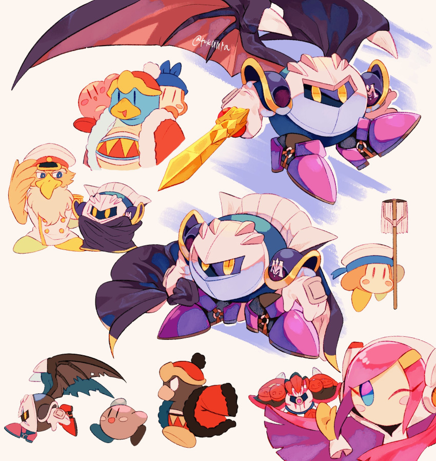 1girl 2others 6+boys :d armor armored_boots arms_up artist_name bandana bandana_waddle_dee beard black_wings blue_background blue_bandana blue_eyes blush blush_stickers boots buttons captain_vul coat commentary_request cracked_mask dark_meta_knight double-breasted epaulettes facial_hair floating_hair fur-trimmed_jacket fur_trim galaxia_(sword) gloves hand_up hat highres holding holding_mop holding_sword holding_weapon jacket king_dedede kirby kirby_(series) long_hair looking_at_another looking_at_viewer mask mecha_knight meta_knight military_uniform mop naval_uniform on_shoulder one_eye_closed open_clothes open_jacket open_mouth pauldrons peaked_cap pink_hair pom_pom_(clothes) profile purple_footwear red_footwear red_headwear red_jacket running sailor_hat sailor_waddle_dee shadow_dedede shadow_kirby shoulder_armor sideways_glance simple_background smile spiked_wings spikes susie_(kirby) sword tokuura torn_wings twitter_username uniform weapon white_background white_coat white_eyes white_gloves white_headwear wings yellow_eyes yellow_gloves