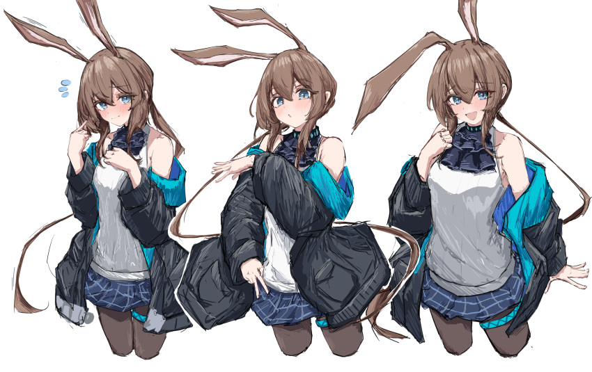 1girl :d :o \||/ absurdres amiya_(arknights) animal_ears arknights armpit_crease ascot bare_shoulders black_jacket blue_ascot blue_collar blue_eyes blue_skirt blush breasts brown_hair brown_pantyhose closed_mouth clothes_down collar collarbone commentary cowboy_shot cropped_legs extra_ears floating_clothes floating_hair flying_sweatdrops furrowed_brow hair_between_eyes hair_twirling hand_on_own_chest hand_up happy highres infection_monitor_(arknights) jacket legs_apart legs_together light_blush light_smile long_hair long_sleeves looking_at_viewer medium_breasts miniskirt multiple_views nervous off_shoulder open_clothes open_jacket open_mouth outstretched_hand pantyhose parted_lips plaid plaid_skirt pocket ponytail rabbit_ears rabbit_girl raised_eyebrows ribbed_sweater shadow sidelocks simple_background skirt sleeveless sleeveless_sweater smile standing sweater thighlet tobildesu trembling two-sided_fabric two-sided_jacket v very_long_hair white_background white_sweater wide_sleeves
