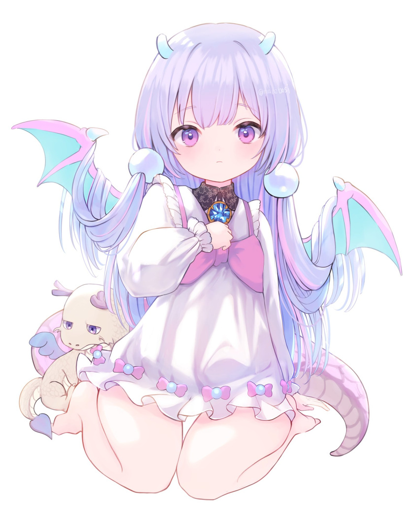 1girl arm_support bare_legs barefoot brooch child commentary_request dragon_girl dragon_horns dragon_tail dragon_wings dress frown full_body highres horns jewelry long_hair looking_at_viewer marekamico original purple_hair simple_background stuffed_animal stuffed_dragon stuffed_toy tail violet_eyes white_background white_dress wings